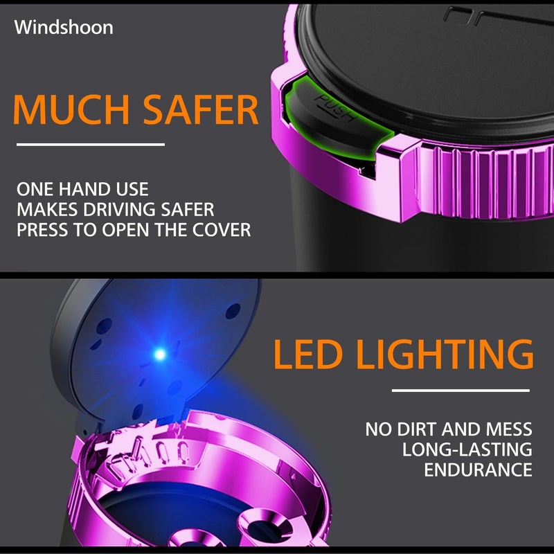Windshoon Smokeless Car Ashtray with Lid - Stainless Steel Inner Container Windproof Ashtray, Portable LED Blue Light Auto Accessories for Travel, Detachable Mini Trash Can (Purple 1-Pack) - Image 2